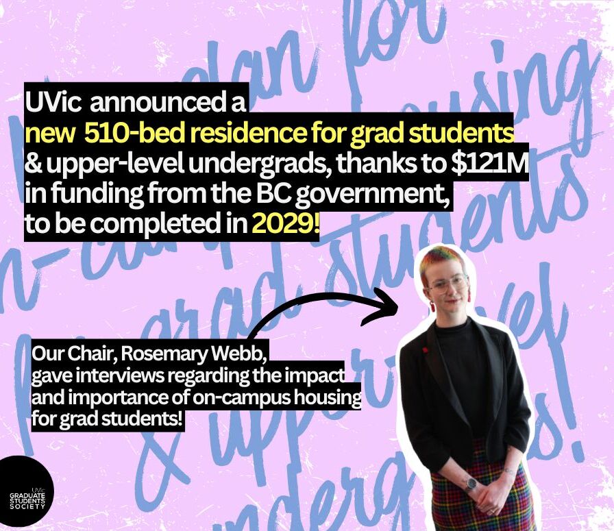 Collage image. Image text: UVic announced a new 510-bed residence for grad students & upper-level undergrads, thanks to $121M in funding from the BC government, to be completed in 2029! Our Chair, Rosemary Webb, gave interviews regarding the impact and importance of on-campus housing for grad students!